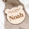 Gepersonaliseerd houten geboortebord in teddybeer-vorm met “Hello World, My Name Is” en baby’s naam