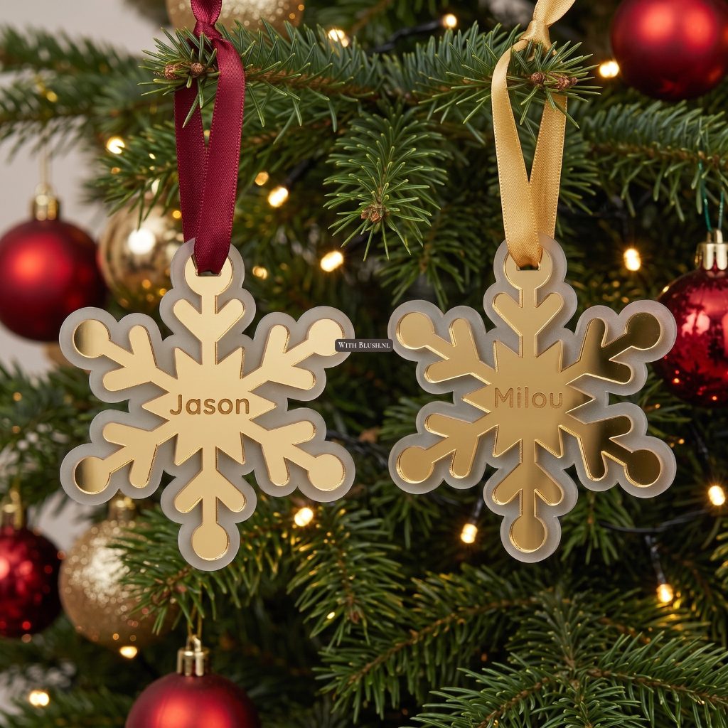 Gepersonaliseerde 3D sneeuwvlok kersthangers met naam van frost mat helder en gouden spiegel plexiglas aan een bordeauxrood en gouden satijnen lint in de kerstboom.