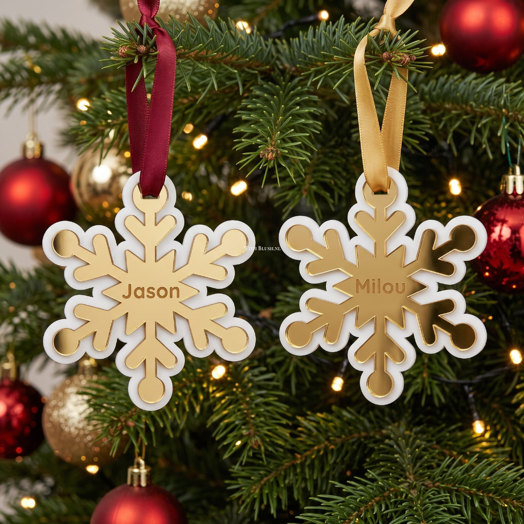 Gepersonaliseerde 3D sneeuwvlok kersthangers met naam van ma twit en gouden spiegel plexiglas aan een bordeauxrood en gouden satijnen lint in de kerstboom.