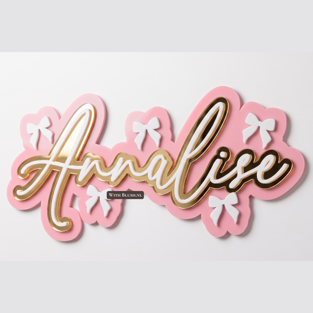 Roze 3D naambordje voor de babykamer met de naam Annalise in goud spiegel plexiglas en witte strikjes, hangend aan een muur.
