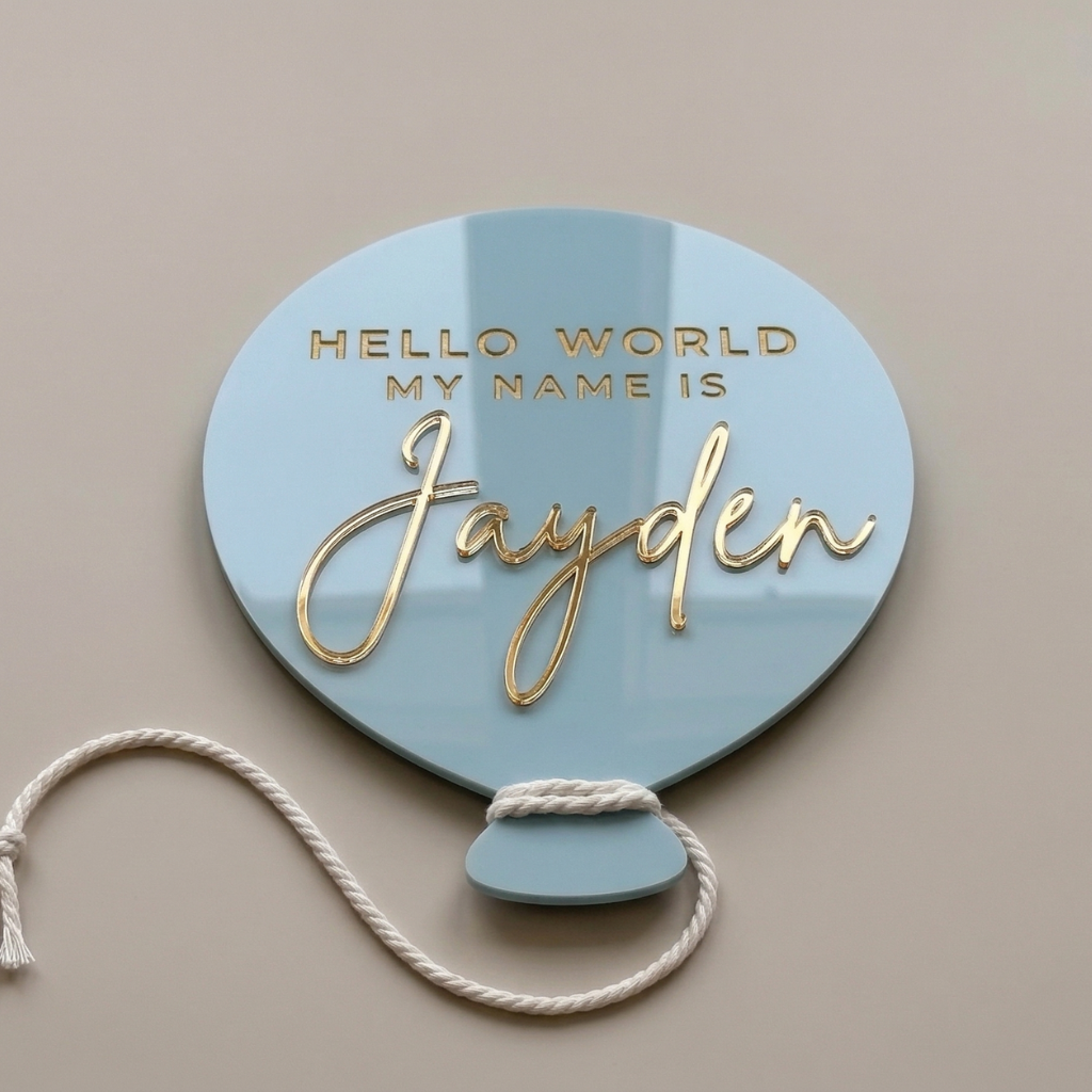 Lichtblauw acryl geboortebord in ballonvorm met gouden spiegelletters en de naam Jayden