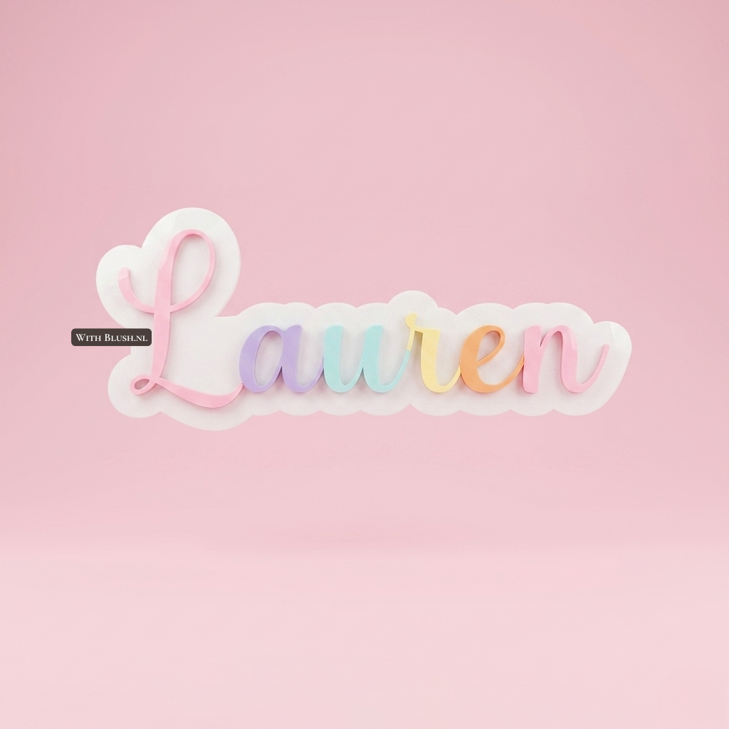 Luxe 2-laags 3D plexiglas naambordje met de naam Lauren in pastelkleuren en een witte tussenlaag op een witte achtergrond. De letters hebben de vaste volgorde babyroze, lila, mint, geel, abrikoos en babyroze, tegen een roze achtergrond