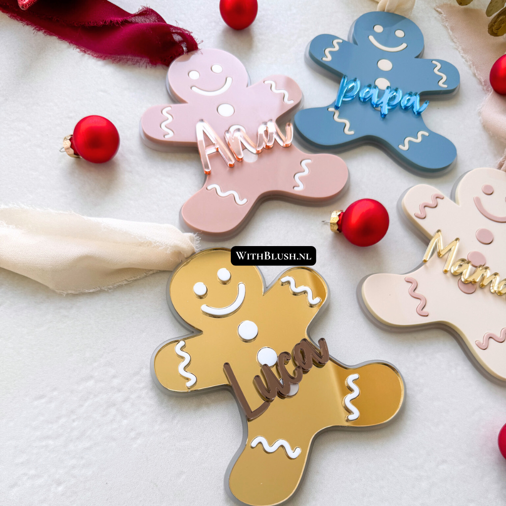 Plexiglas kerstornament peperkoekmannetje met gekleurd lint