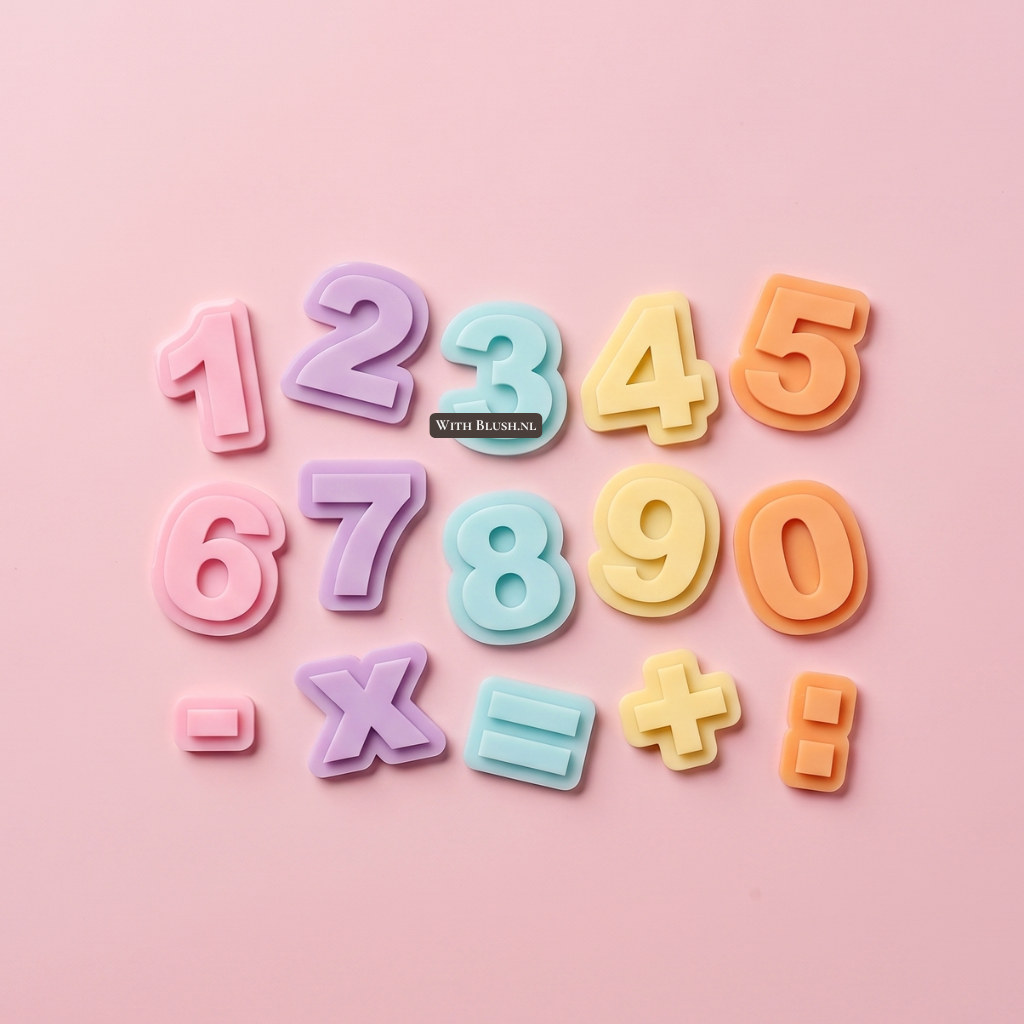 Educatieve speelcijfers 0 tot 9 en rekentekens in warme pastelkleuren, gemaakt van dubbellaags acryl plexiglas op een lichtroze achtergrond.
